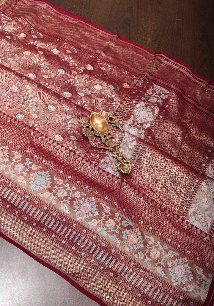 Aubergine Banarasi Katan Silk Saree with Floral Meenakari Tissue | SILK MARK CERTIFIED