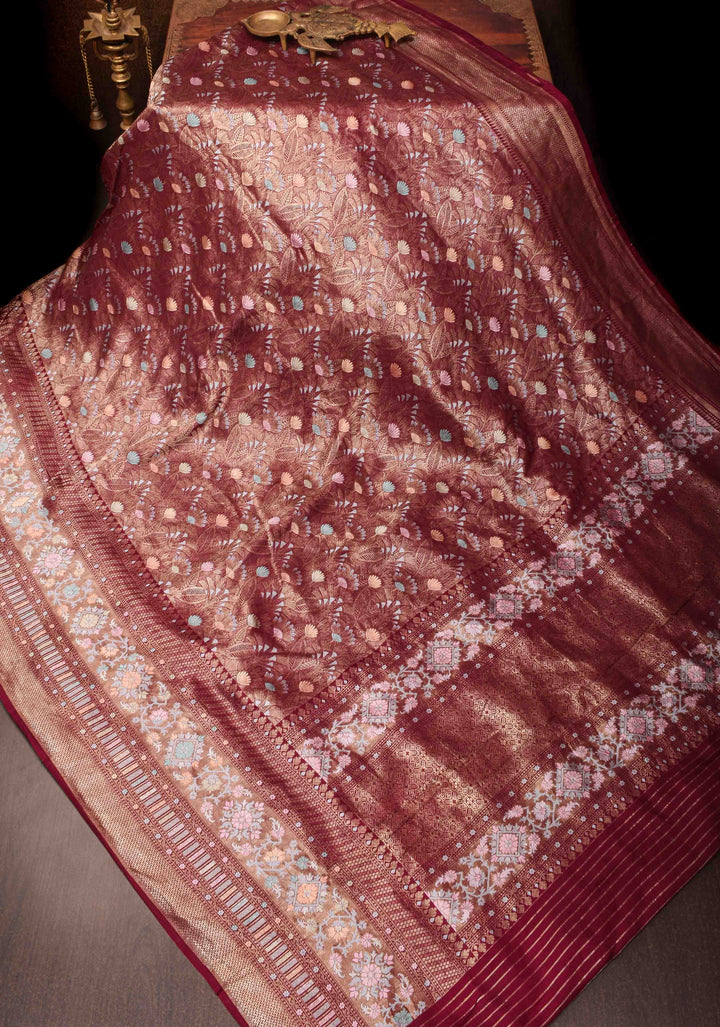 Aubergine Banarasi Katan Silk Saree with Floral Meenakari Tissue | SILK MARK CERTIFIED