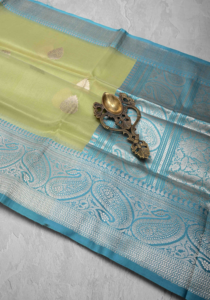 Tea Green Pure Banarasi Kora Silk Saree with Zari Buttas and Contrast Paisley Border | SILK MARK CERTIFIED