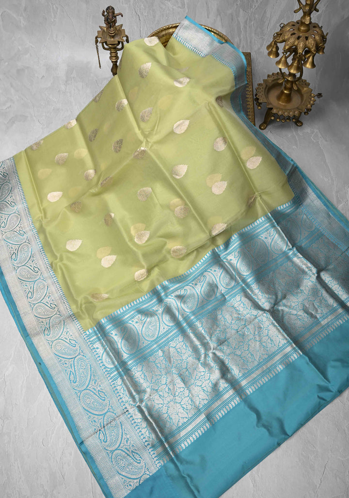 Tea Green Pure Banarasi Kora Silk Saree with Zari Buttas and Contrast Paisley Border | SILK MARK CERTIFIED