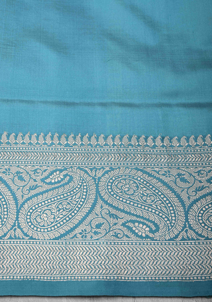 Tea Green Pure Banarasi Kora Silk Saree with Zari Buttas and Contrast Paisley Border | SILK MARK CERTIFIED