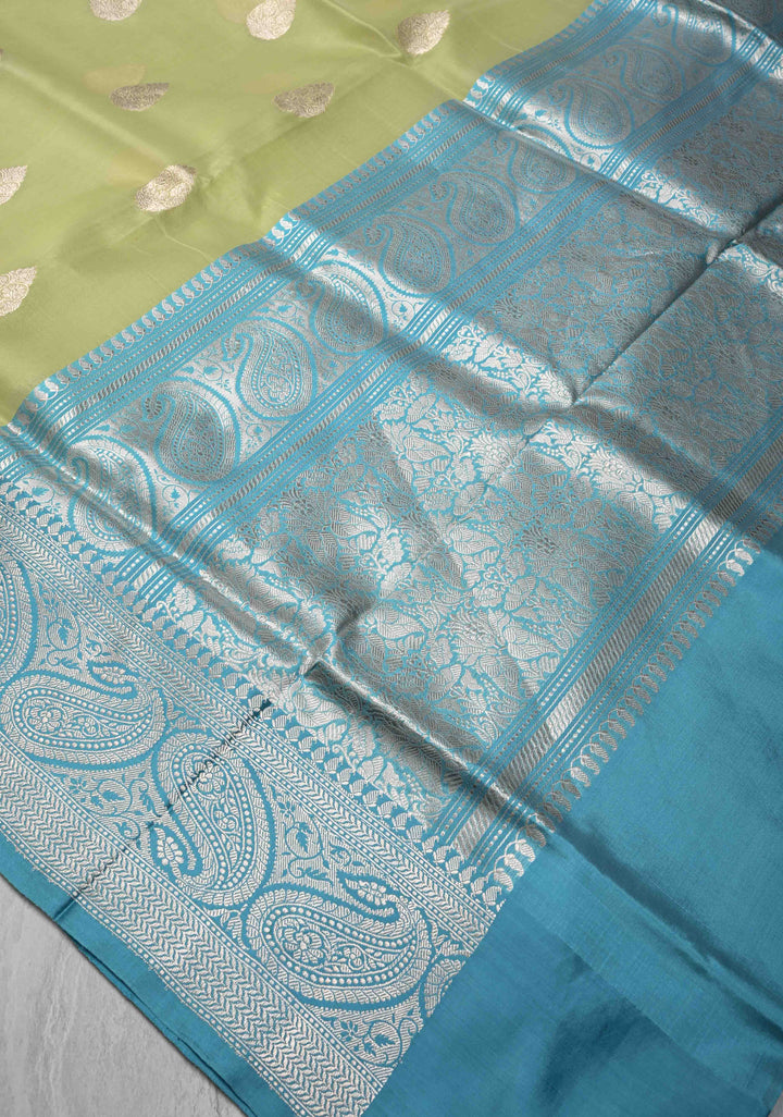 Tea Green Pure Banarasi Kora Silk Saree with Zari Buttas and Contrast Paisley Border | SILK MARK CERTIFIED