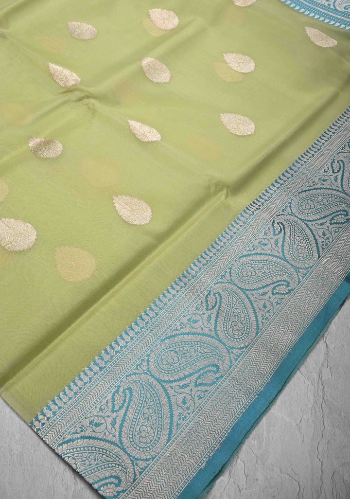 Tea Green Pure Banarasi Kora Silk Saree with Zari Buttas and Contrast Paisley Border | SILK MARK CERTIFIED