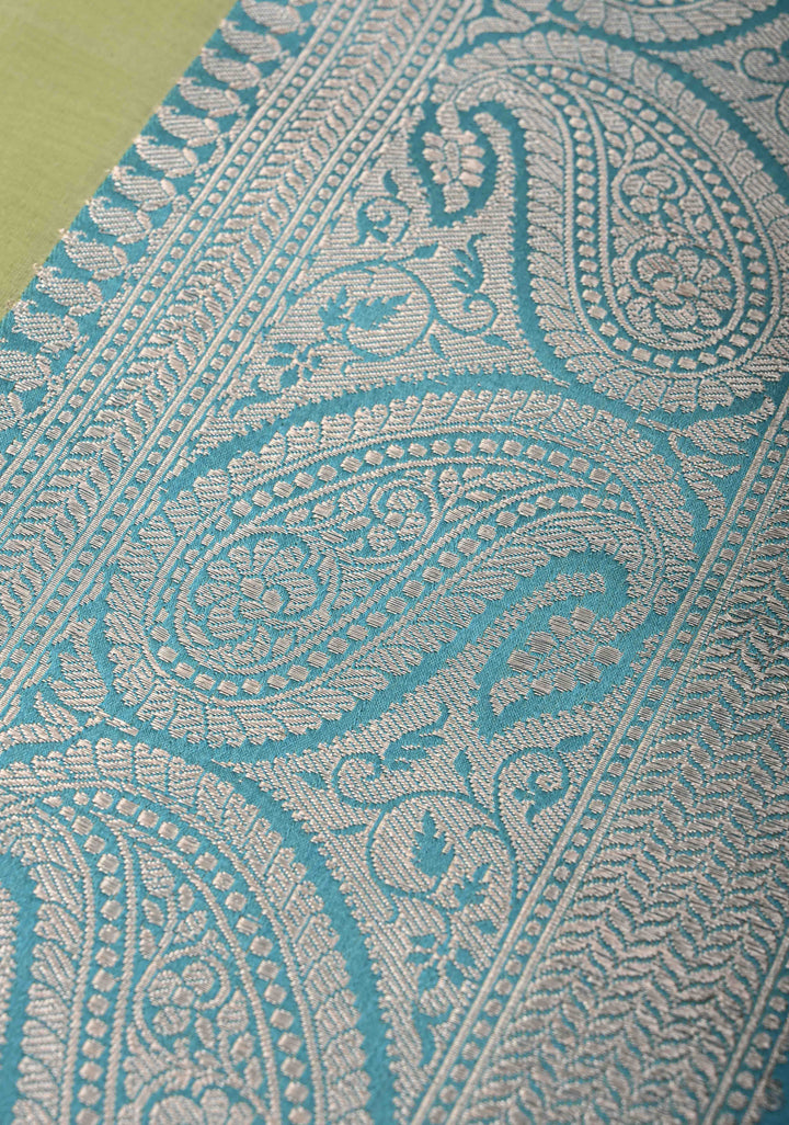 Tea Green Pure Banarasi Kora Silk Saree with Zari Buttas and Contrast Paisley Border | SILK MARK CERTIFIED
