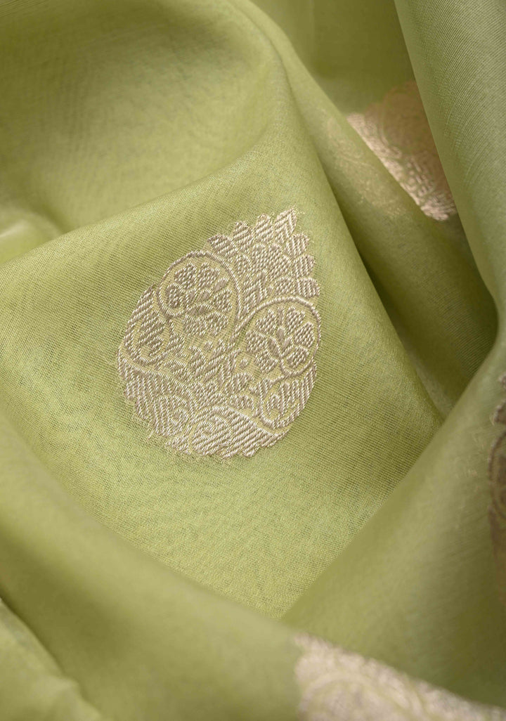 Tea Green Pure Banarasi Kora Silk Saree with Zari Buttas and Contrast Paisley Border | SILK MARK CERTIFIED