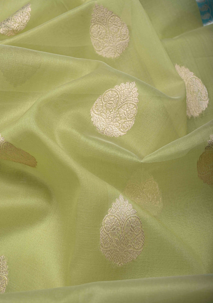 Tea Green Pure Banarasi Kora Silk Saree with Zari Buttas and Contrast Paisley Border | SILK MARK CERTIFIED