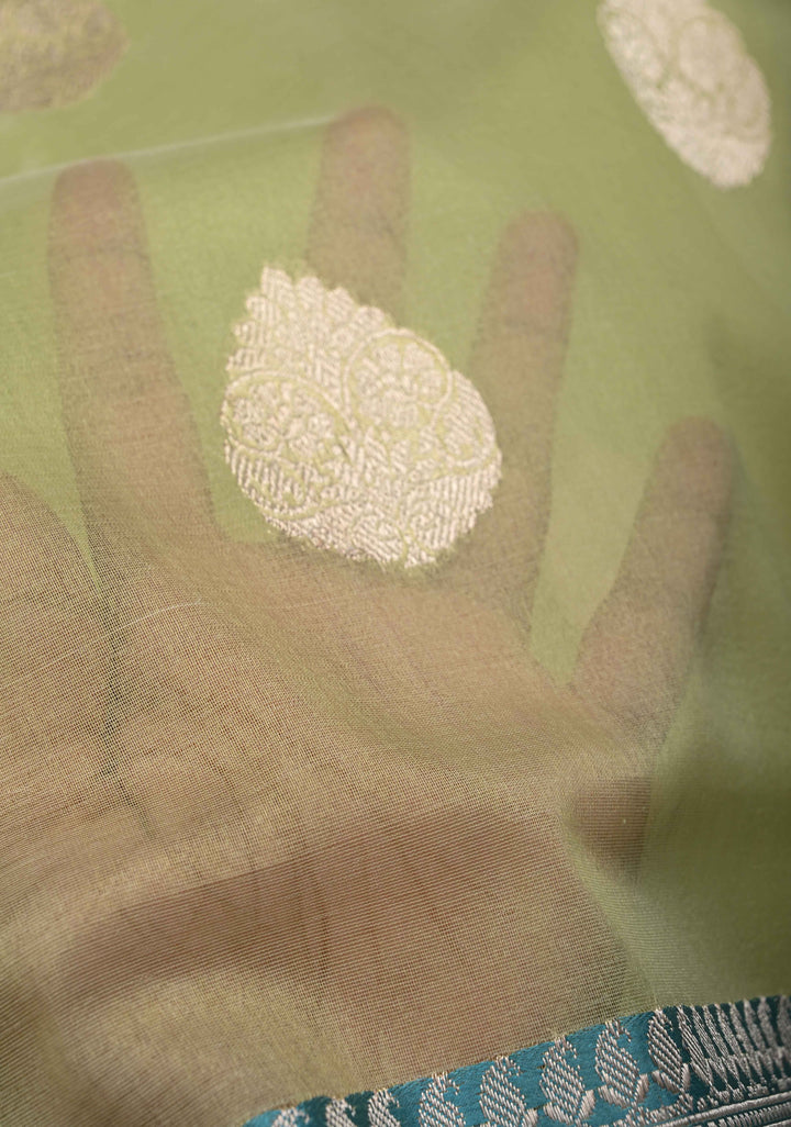 Tea Green Pure Banarasi Kora Silk Saree with Zari Buttas and Contrast Paisley Border | SILK MARK CERTIFIED