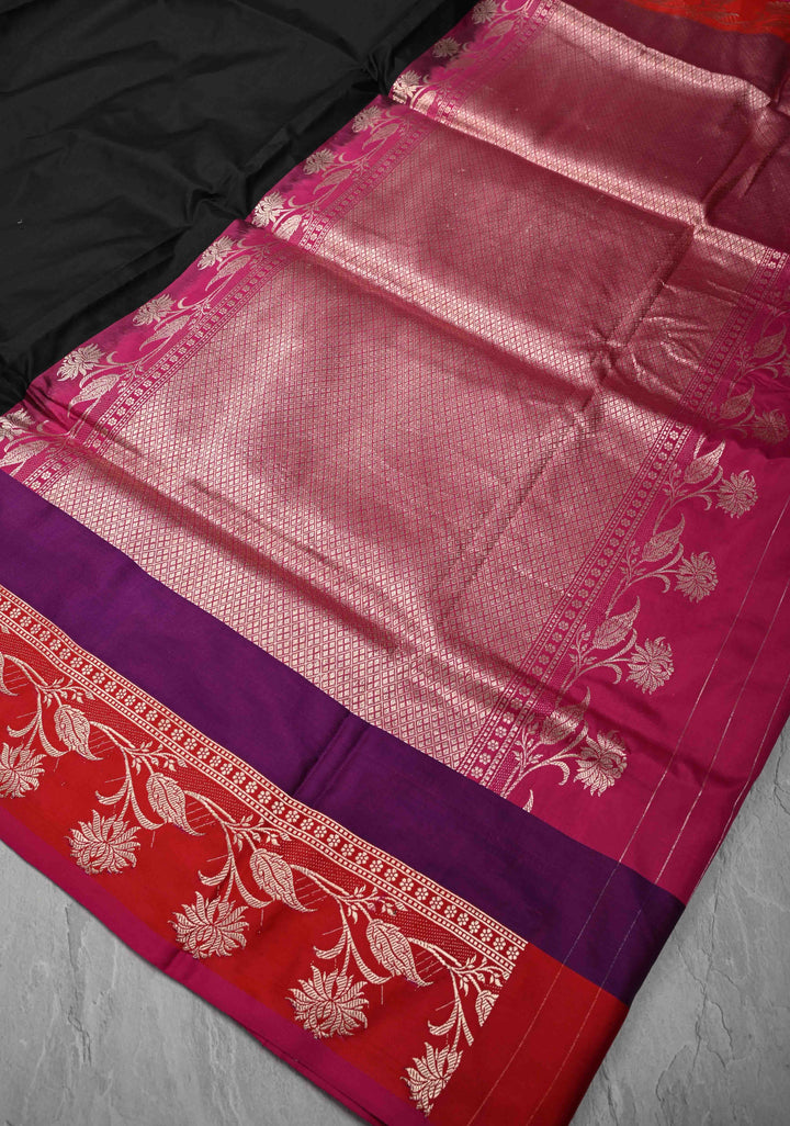 Black Banarasi Katan Silk Saree with Contrast Floral Border | SILK MARK CERTIFIED