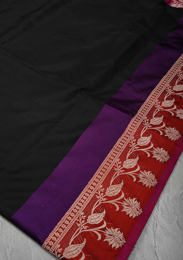 Black Banarasi Katan Silk Saree with Contrast Floral Border | SILK MARK CERTIFIED
