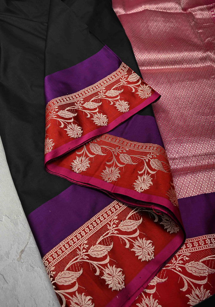 Black Banarasi Katan Silk Saree with Contrast Floral Border | SILK MARK CERTIFIED