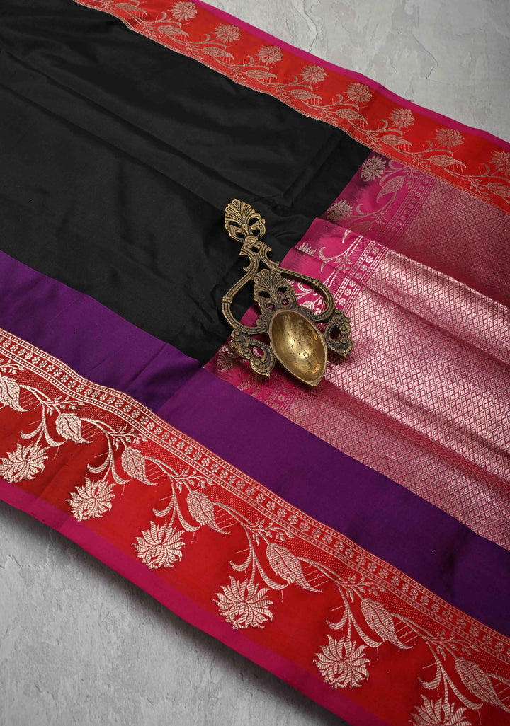 Black Banarasi Katan Silk Saree with Contrast Floral Border | SILK MARK CERTIFIED