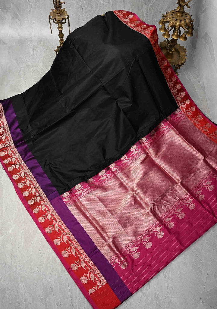 Black Banarasi Katan Silk Saree with Contrast Floral Border | SILK MARK CERTIFIED