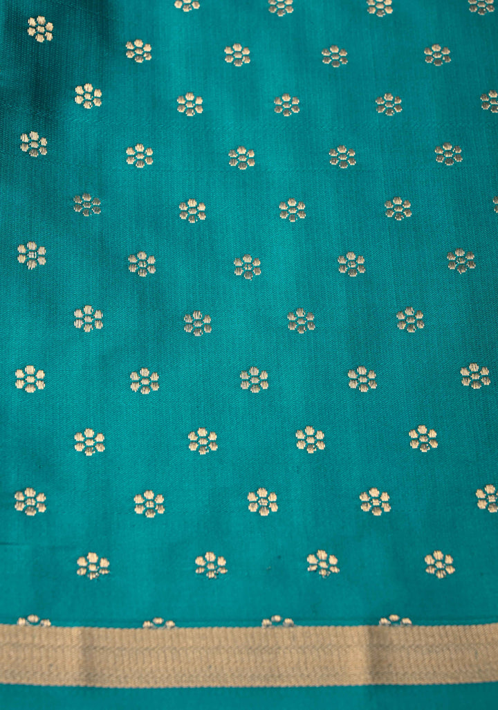 Aqua Blue Banarasi Mashru Silk Saree with Arches Buttas and Minimal Zari Border | SILK MARK CERTIFIED