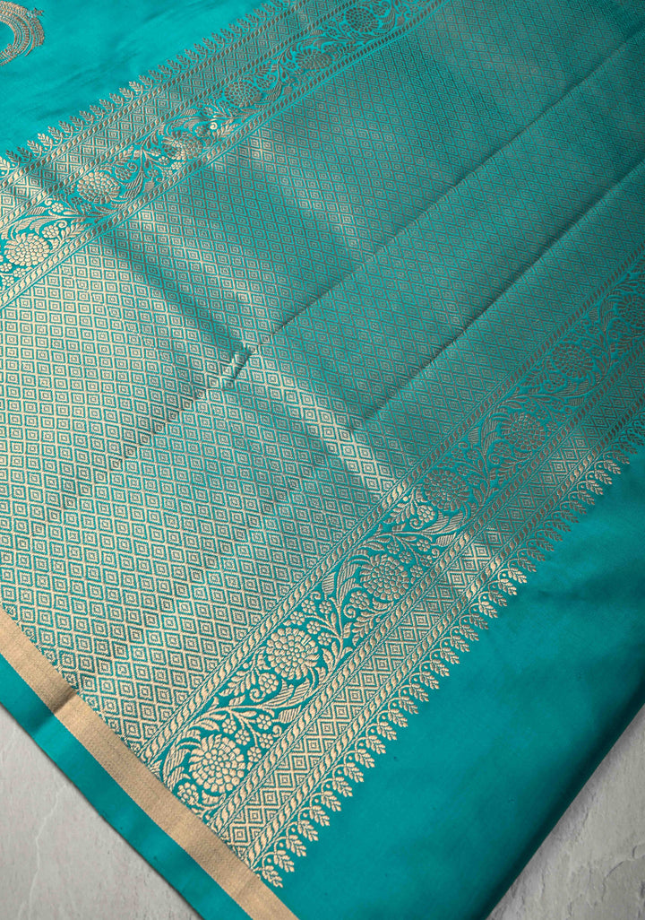 Aqua Blue Banarasi Mashru Silk Saree with Arches Buttas and Minimal Zari Border | SILK MARK CERTIFIED