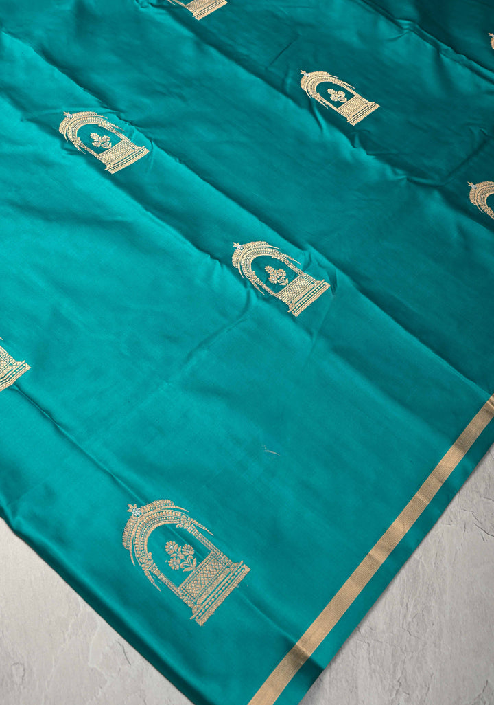 Aqua Blue Banarasi Mashru Silk Saree with Arches Buttas and Minimal Zari Border | SILK MARK CERTIFIED