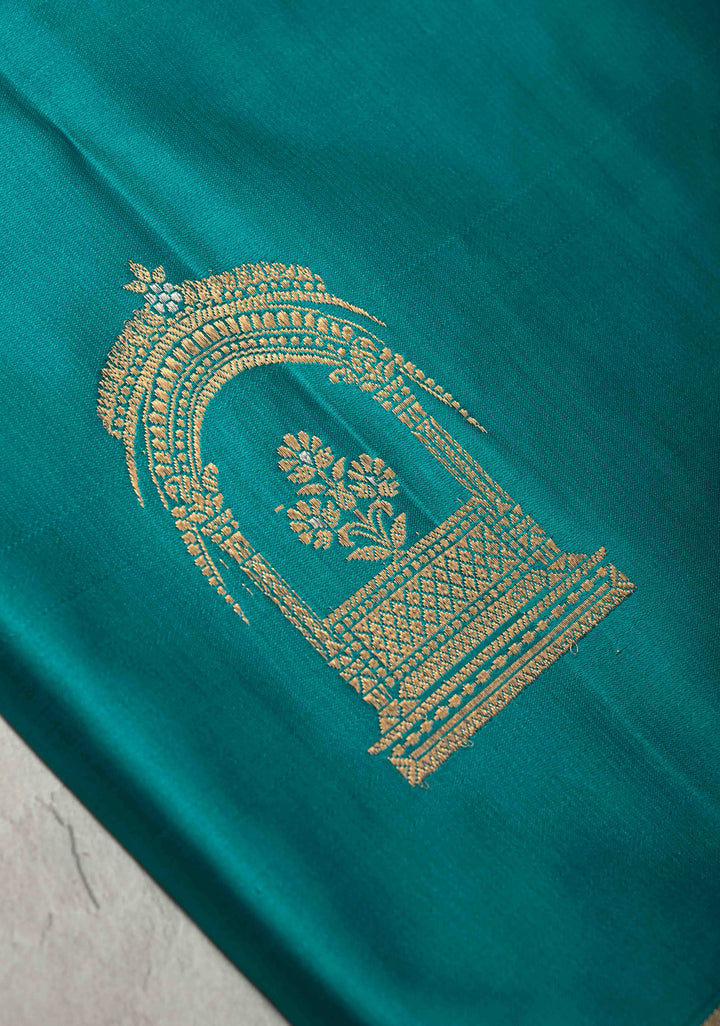 Aqua Blue Banarasi Mashru Silk Saree with Arches Buttas and Minimal Zari Border | SILK MARK CERTIFIED