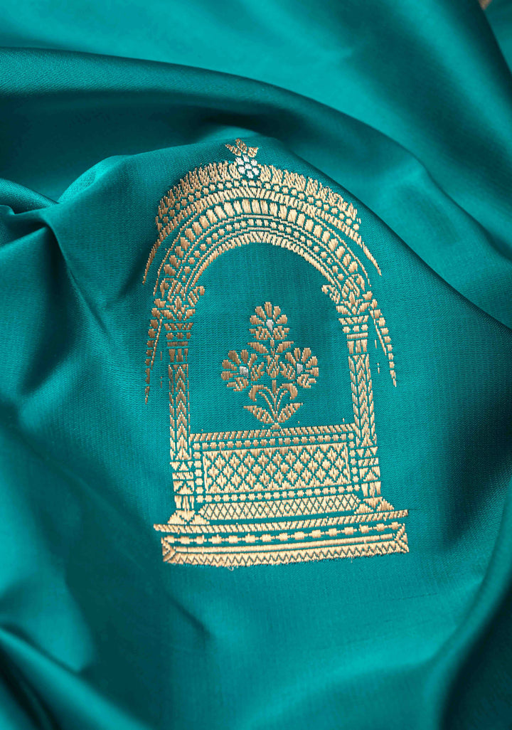 Aqua Blue Banarasi Mashru Silk Saree with Arches Buttas and Minimal Zari Border | SILK MARK CERTIFIED