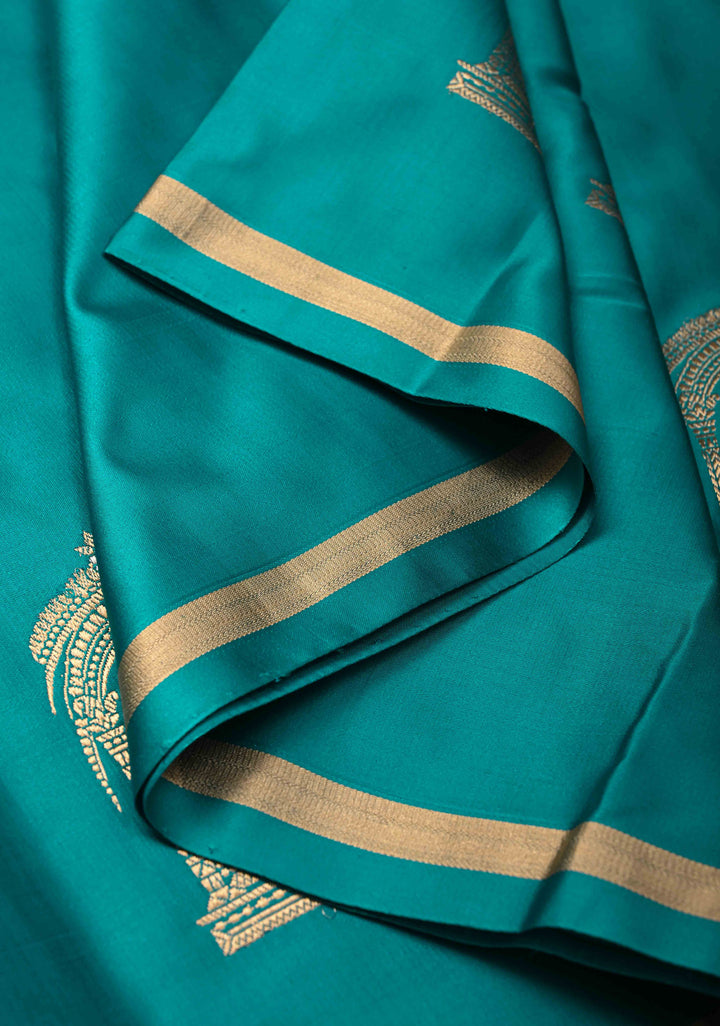 Aqua Blue Banarasi Mashru Silk Saree with Arches Buttas and Minimal Zari Border | SILK MARK CERTIFIED