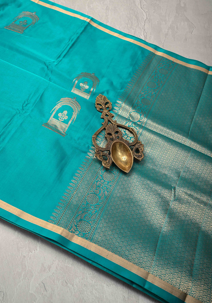 Aqua Blue Banarasi Mashru Silk Saree with Arches Buttas and Minimal Zari Border | SILK MARK CERTIFIED