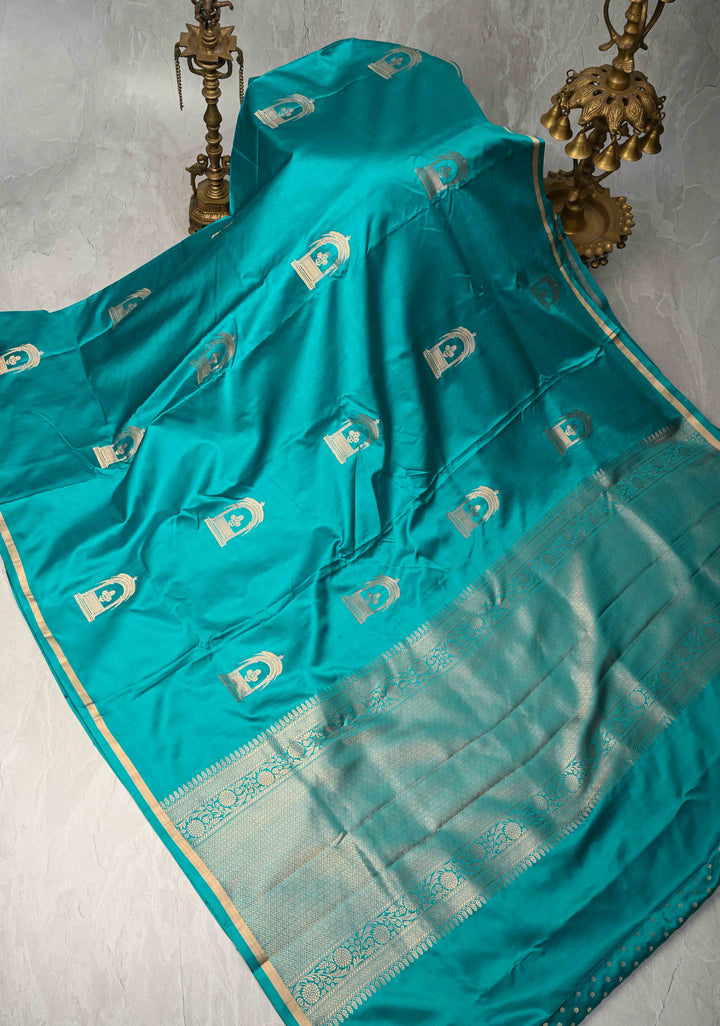 Aqua Blue Banarasi Mashru Silk Saree with Arches Buttas and Minimal Zari Border | SILK MARK CERTIFIED