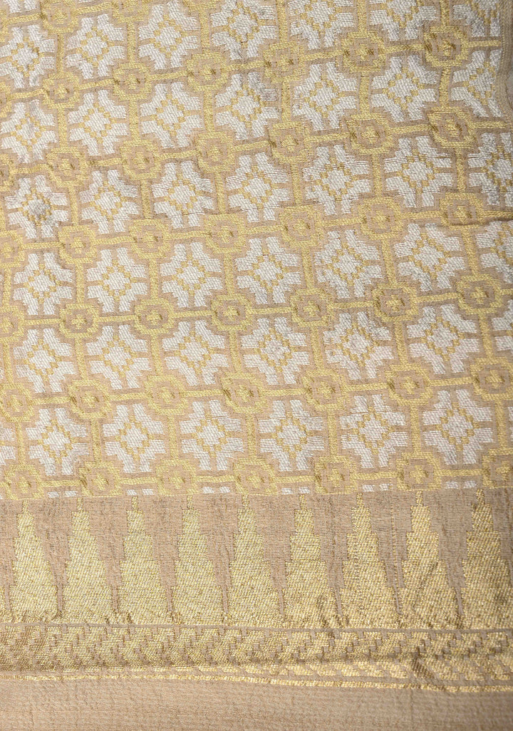 Beige Banarasi Tussar Georgette Saree with Alfi Large Motifs and Temple Zari Border | SILK MARK CERTIFIED