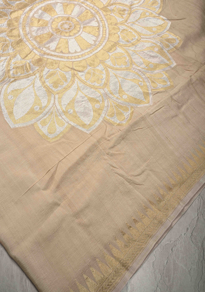 Beige Banarasi Tussar Georgette Saree with Alfi Large Motifs and Temple Zari Border | SILK MARK CERTIFIED