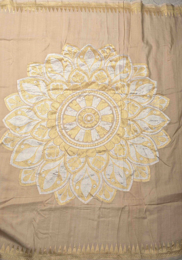 Beige Banarasi Tussar Georgette Saree with Alfi Large Motifs and Temple Zari Border | SILK MARK CERTIFIED