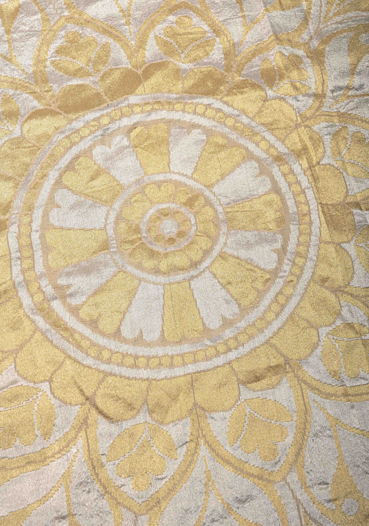 Beige Banarasi Tussar Georgette Saree with Alfi Large Motifs and Temple Zari Border | SILK MARK CERTIFIED