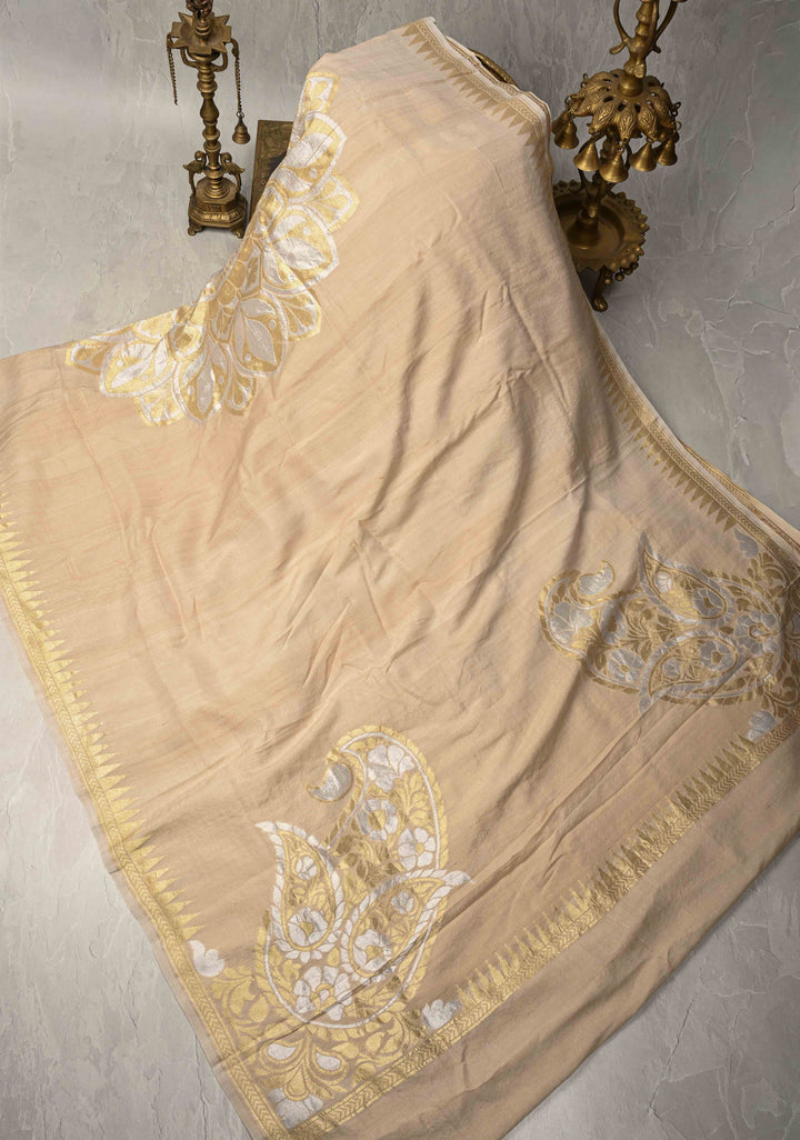 Beige Banarasi Tussar Georgette Saree with Alfi Large Motifs and Temple Zari Border | SILK MARK CERTIFIED