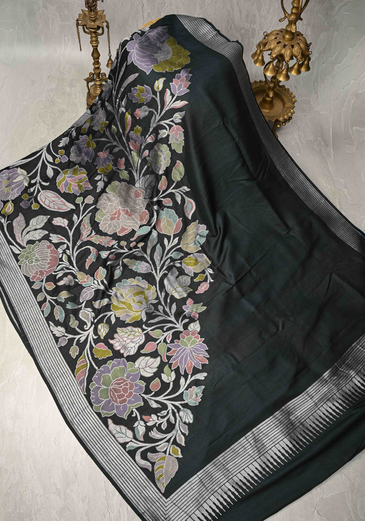 Black Banarasi Tussar Georgette Saree with Meenakari Floral Jaal and Zari Border | SILK MARK CERTIFIED