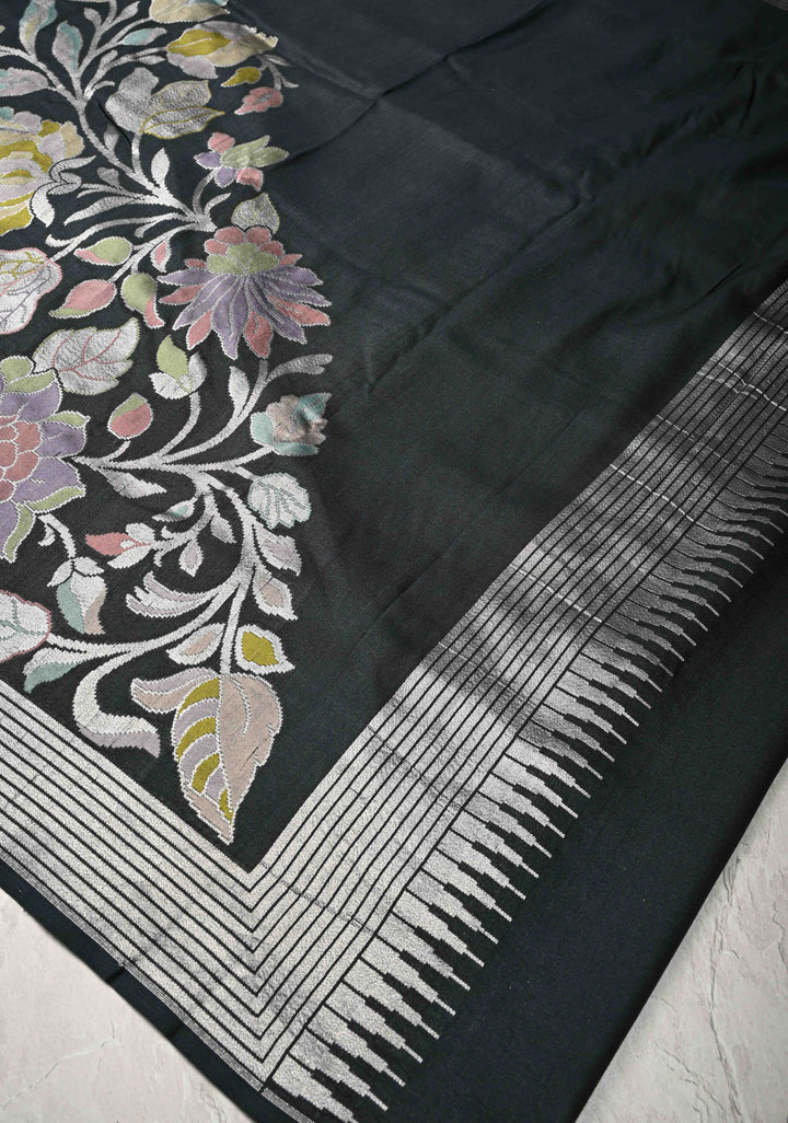 Black Banarasi Tussar Georgette Saree with Meenakari Floral Jaal and Zari Border | SILK MARK CERTIFIED