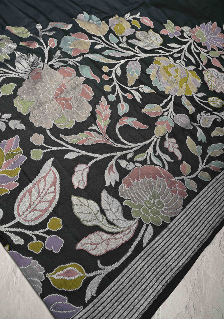 Black Banarasi Tussar Georgette Saree with Meenakari Floral Jaal and Zari Border | SILK MARK CERTIFIED