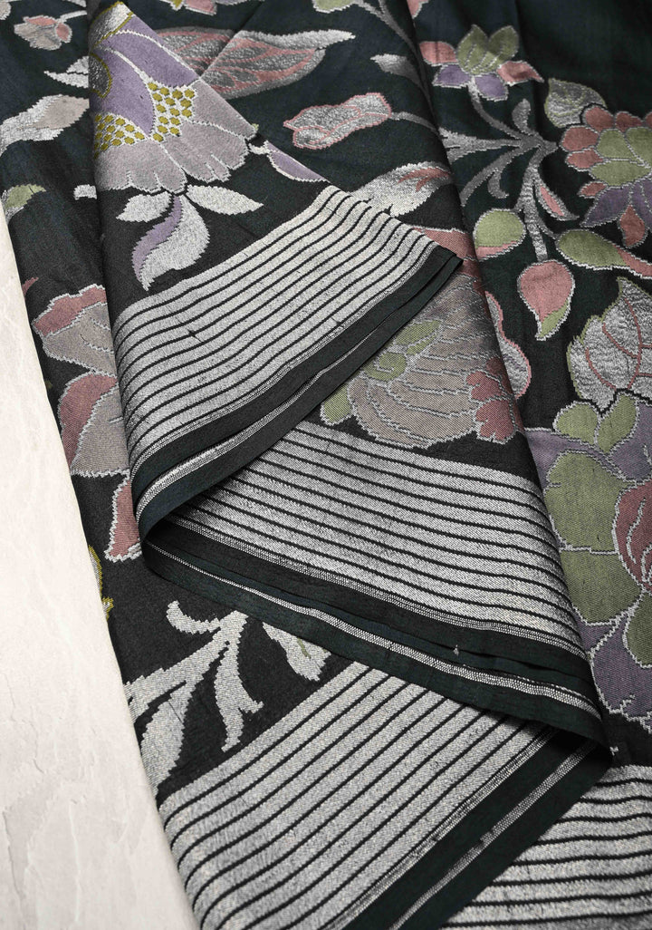 Black Banarasi Tussar Georgette Saree with Meenakari Floral Jaal and Zari Border | SILK MARK CERTIFIED