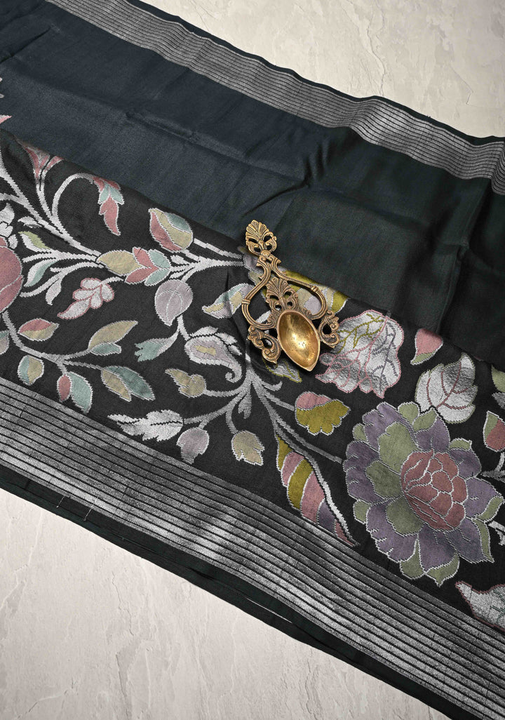 Black Banarasi Tussar Georgette Saree with Meenakari Floral Jaal and Zari Border | SILK MARK CERTIFIED