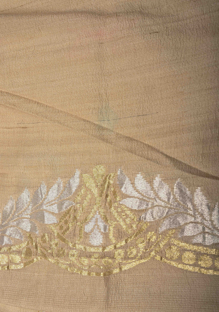 Beige Banarasi Tussar Georgette Saree with Meenakari Floral Jaal and Scallop Zari Border | SILK MARK CERTIFIED