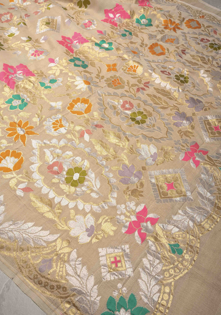 Beige Banarasi Tussar Georgette Saree with Meenakari Floral Jaal and Scallop Zari Border | SILK MARK CERTIFIED