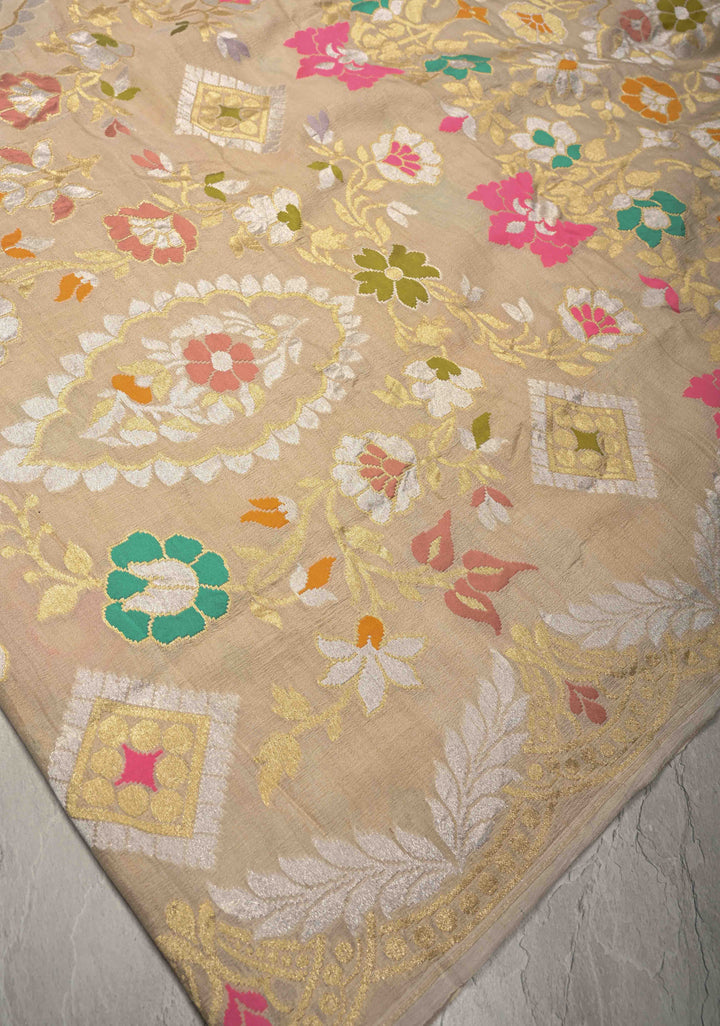 Beige Banarasi Tussar Georgette Saree with Meenakari Floral Jaal and Scallop Zari Border | SILK MARK CERTIFIED