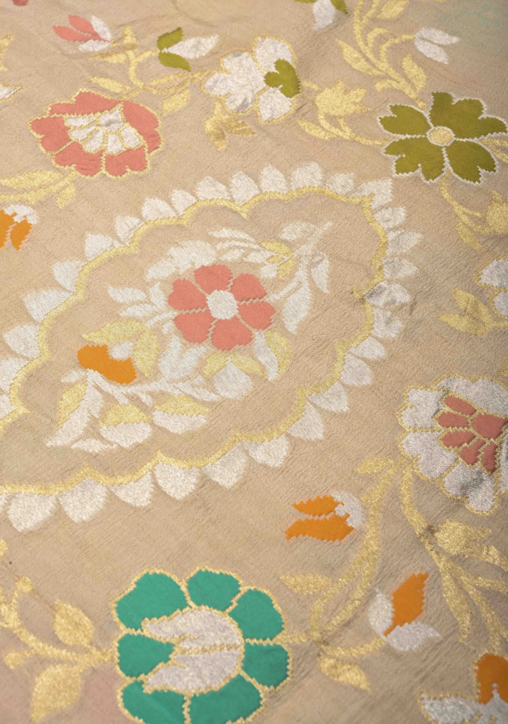 Beige Banarasi Tussar Georgette Saree with Meenakari Floral Jaal and Scallop Zari Border | SILK MARK CERTIFIED