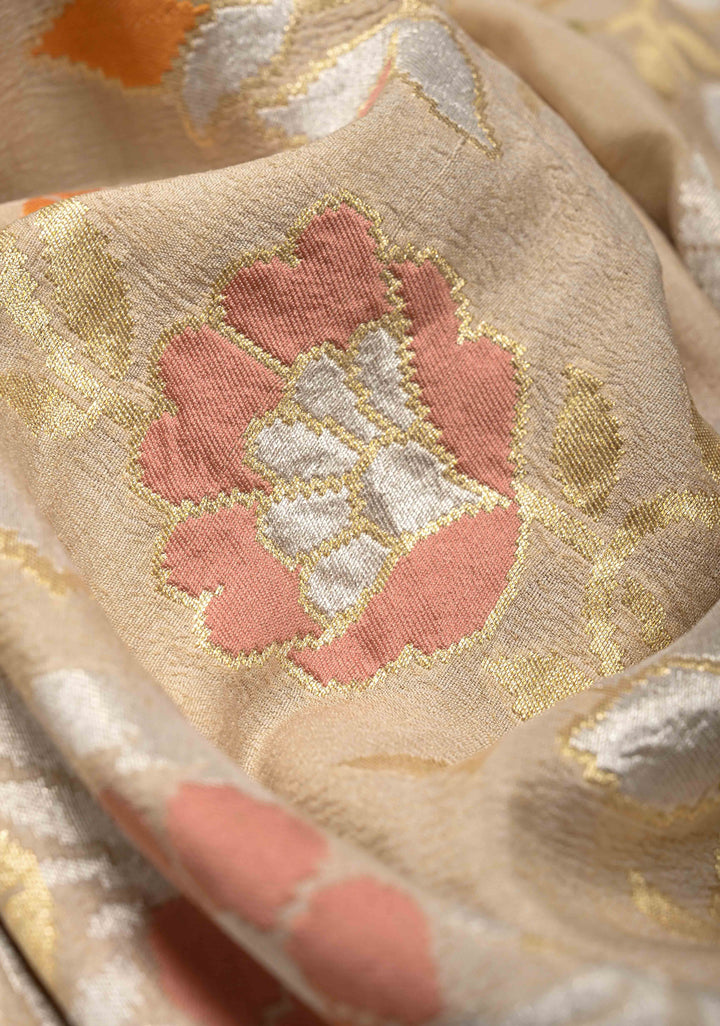 Beige Banarasi Tussar Georgette Saree with Meenakari Floral Jaal and Scallop Zari Border | SILK MARK CERTIFIED