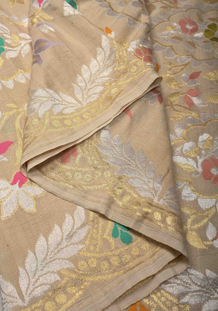Beige Banarasi Tussar Georgette Saree with Meenakari Floral Jaal and Scallop Zari Border | SILK MARK CERTIFIED
