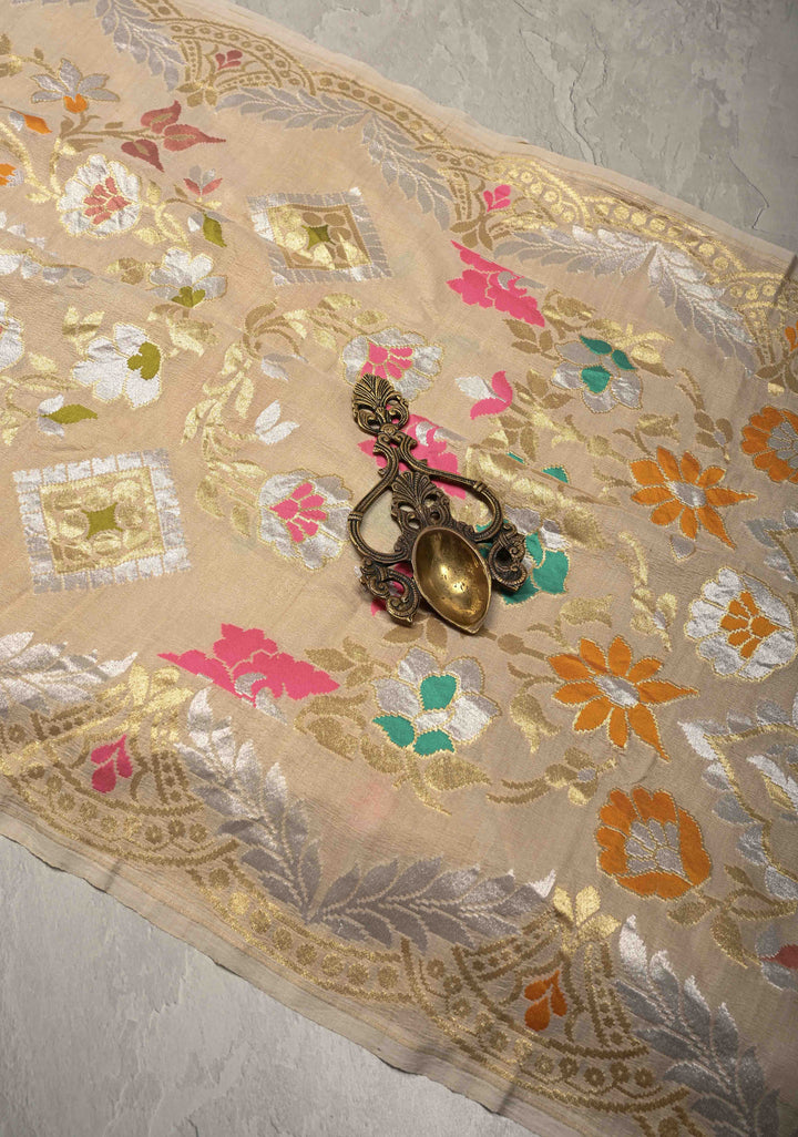Beige Banarasi Tussar Georgette Saree with Meenakari Floral Jaal and Scallop Zari Border | SILK MARK CERTIFIED