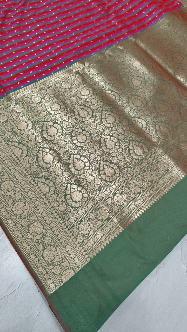 Multicolor Semi Silk Saree with Stripes Pattern-Zari Buttis and Zari Border