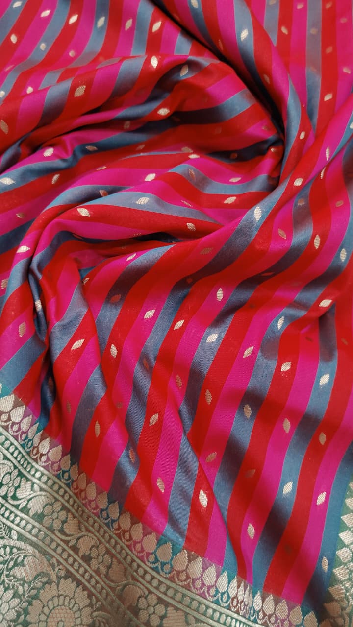 Multicolor Semi Silk Saree with Stripes Pattern-Zari Buttis and Zari Border