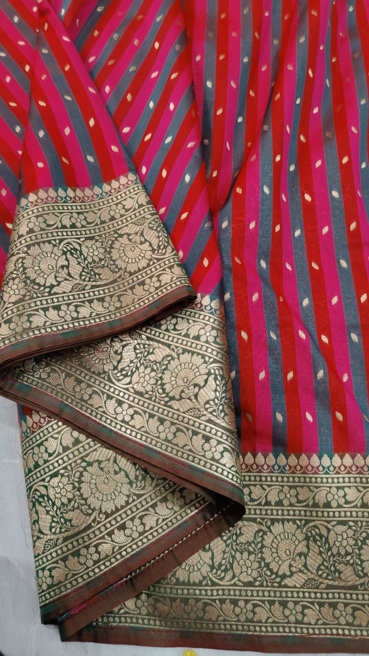 Multicolor Semi Silk Saree with Stripes Pattern-Zari Buttis and Zari Border