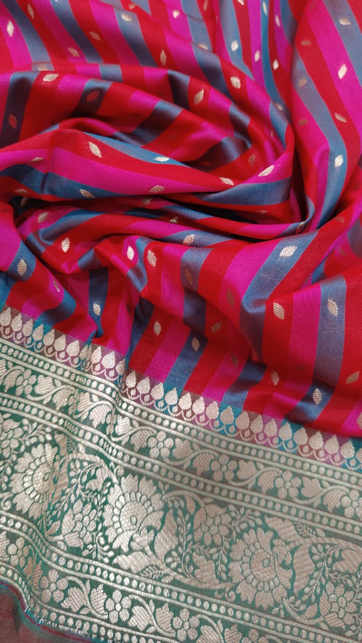 Multicolor Semi Silk Saree with Stripes Pattern-Zari Buttis and Zari Border