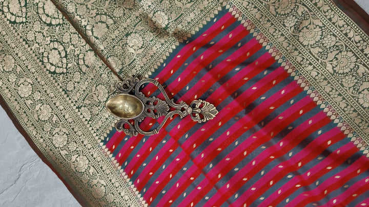 Multicolor Semi Silk Saree with Stripes Pattern-Zari Buttis and Zari Border