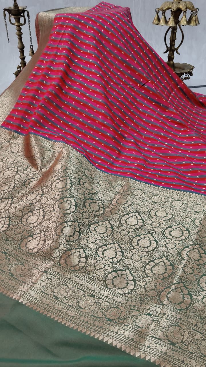 Multicolor Semi Silk Saree with Stripes Pattern-Zari Buttis and Zari Border