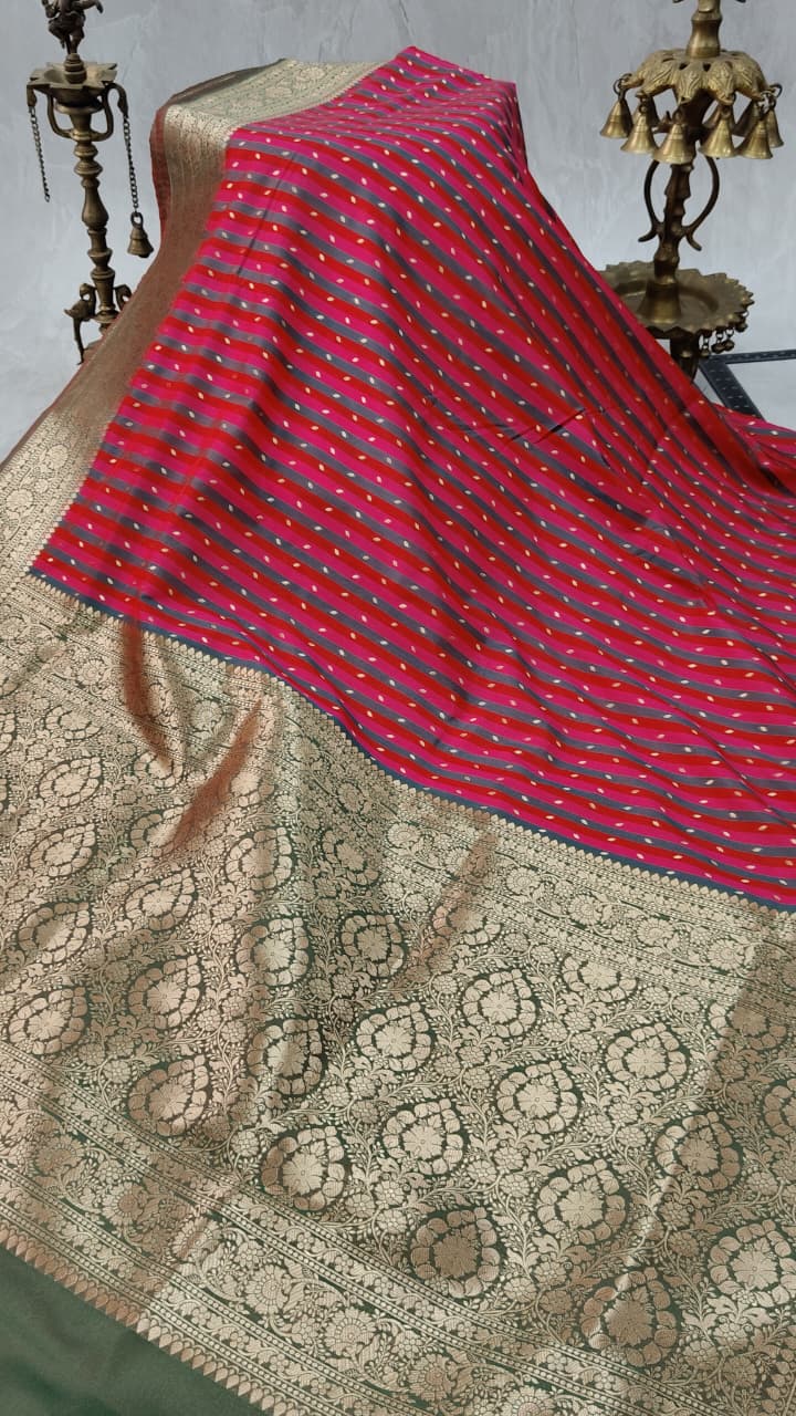 Multicolor Semi Silk Saree with Stripes Pattern-Zari Buttis and Zari Border