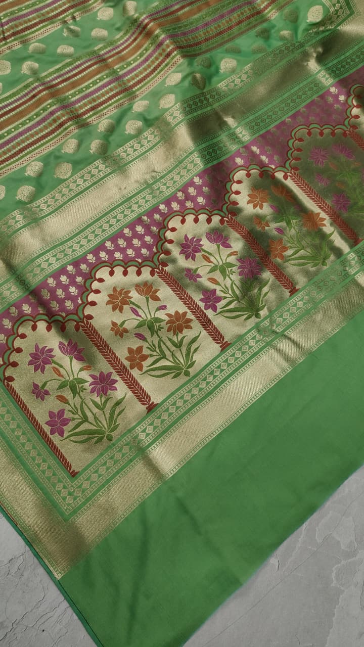 Green Semi Silk Saree with Meenakari Resham Ornate Stripes and Zari Border
