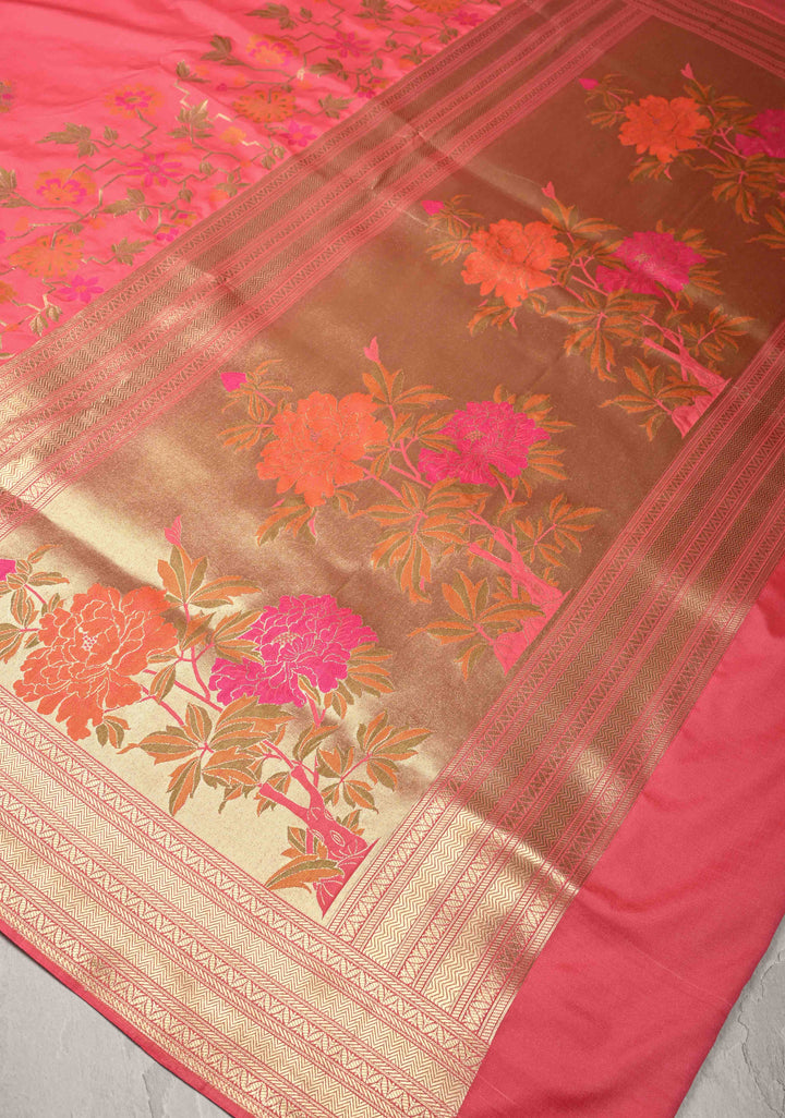 Salmon Pink Semi Silk Saree with Zari Buttas and Meenakari Jaal on Zari Border